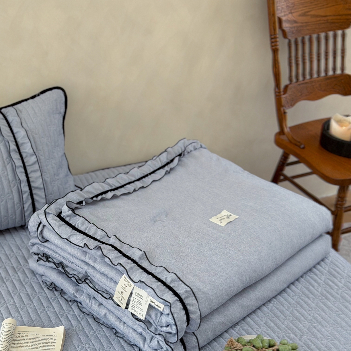 91家纺网 家纺一手货源 找家纺 寐居家纺 2026新款雨露麻夏被床盖四件套 雨露-慕斯蓝