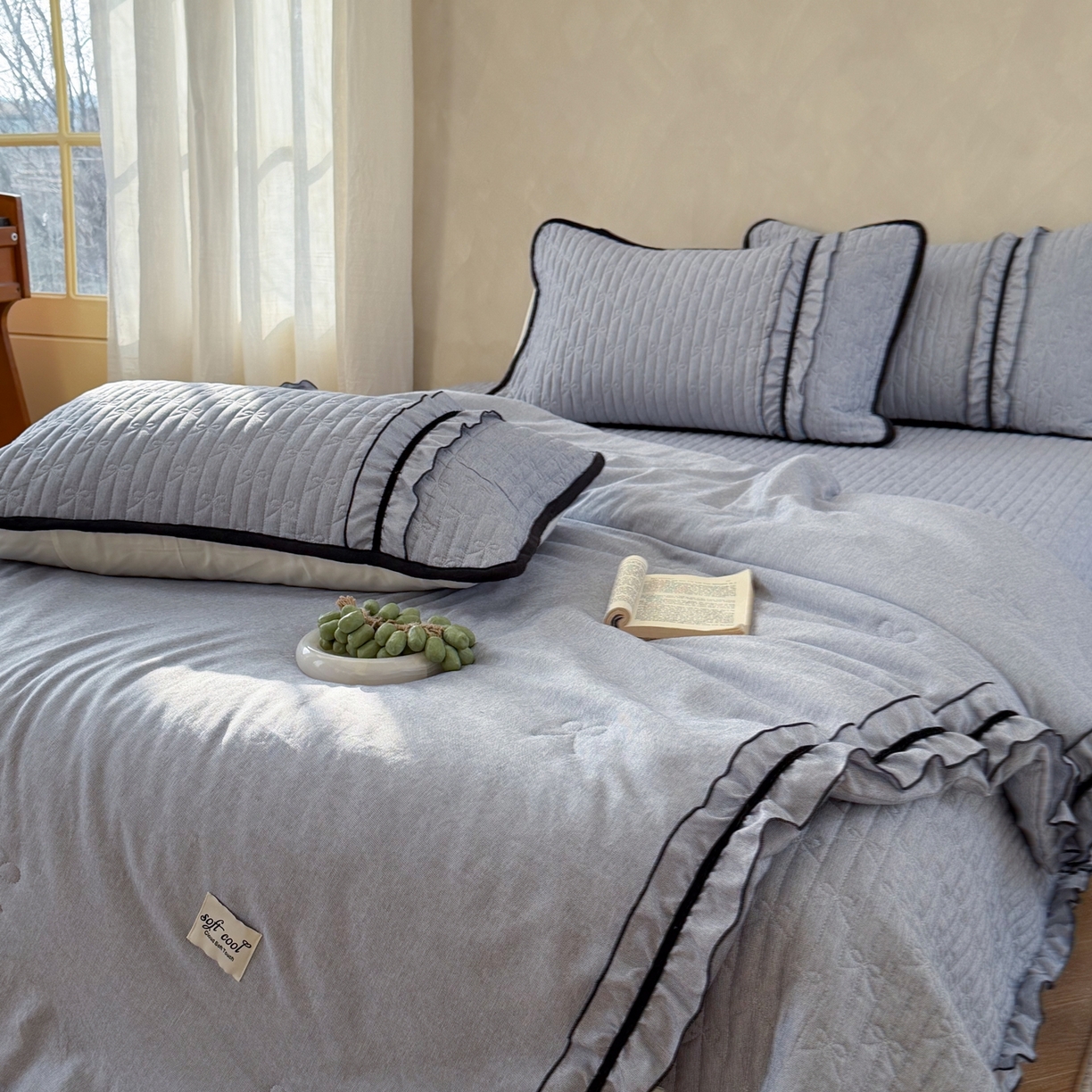 91家纺网 家纺一手货源 找家纺 寐居家纺 2026新款雨露麻夏被床盖四件套 雨露-慕斯蓝