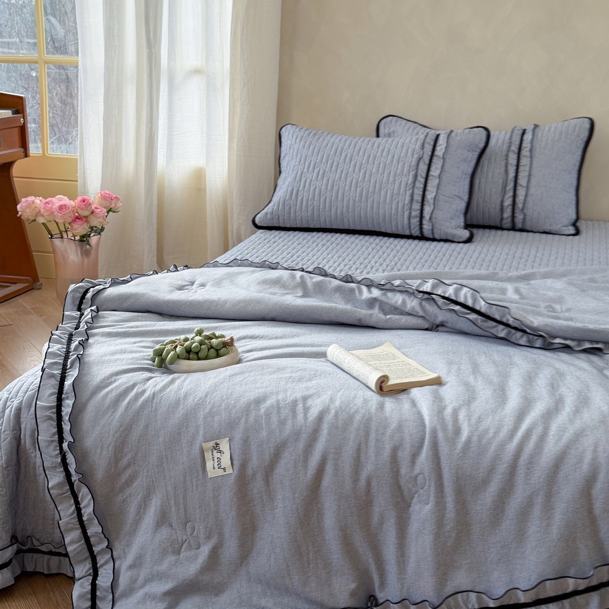 91家纺网 家纺一手货源 找家纺 寐居家纺 2026新款雨露麻夏被床盖四件套 雨露-慕斯蓝