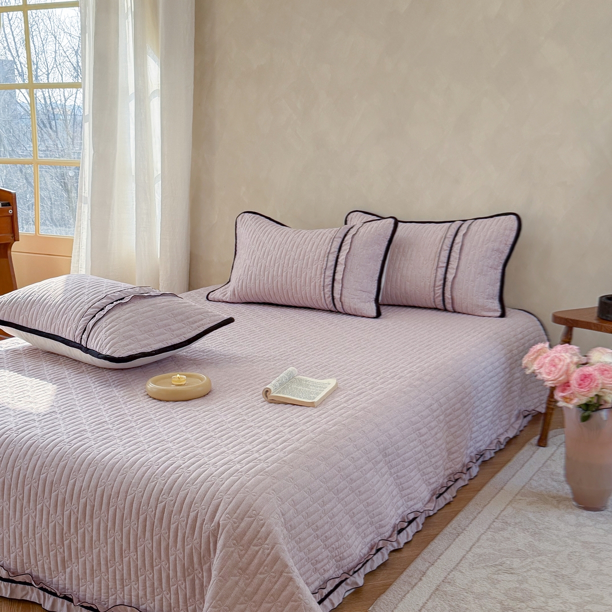 91家纺网 家纺一手货源 找家纺 寐居家纺 2026新款雨露麻夏被床盖四件套 雨露-豆沙紫