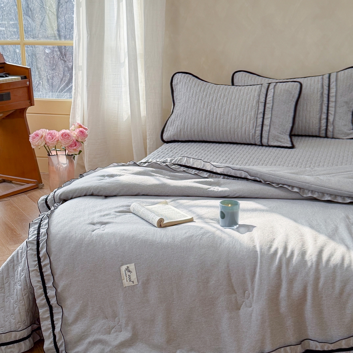 91家纺网 家纺一手货源 找家纺 寐居家纺 2026新款雨露麻夏被床盖四件套 雨露-信风灰
