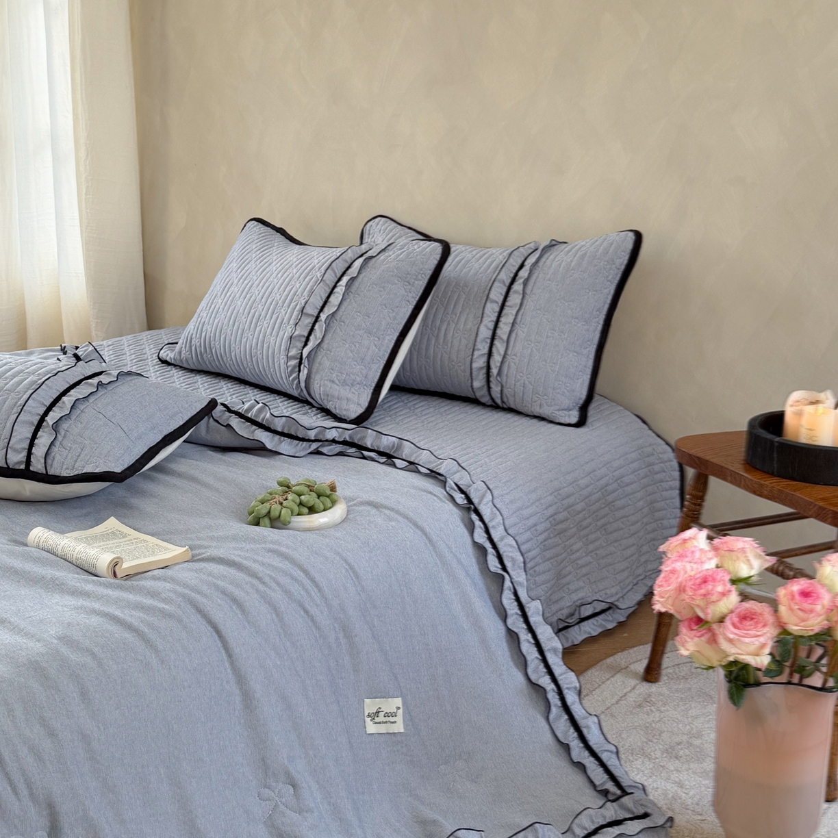 91家纺网 家纺一手货源 找家纺 寐居家纺 2026新款雨露麻夏被床盖四件套 雨露-慕斯蓝