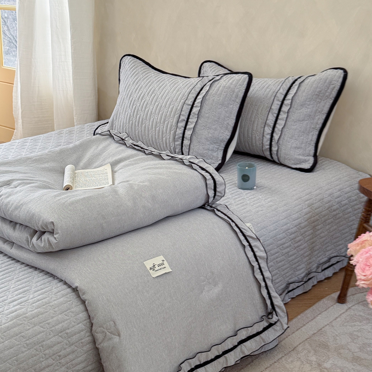 寐居家纺 2026新款雨露麻夏被床盖四件套 雨露-信风灰