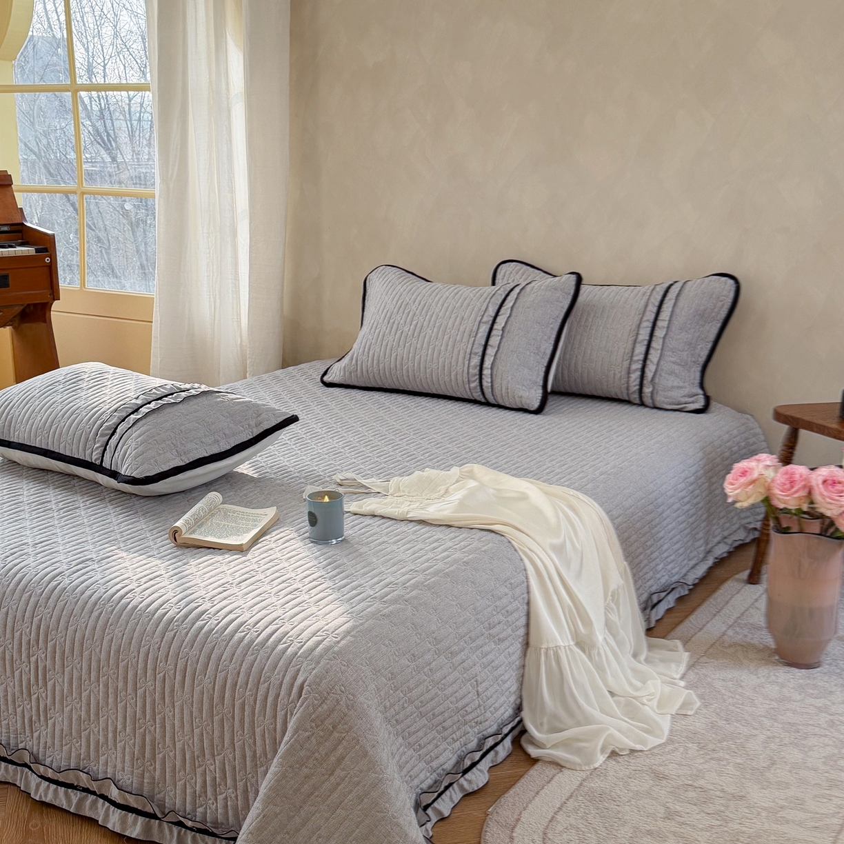 91家纺网 家纺一手货源 找家纺 寐居家纺 2026新款雨露麻夏被床盖四件套 雨露-信风灰