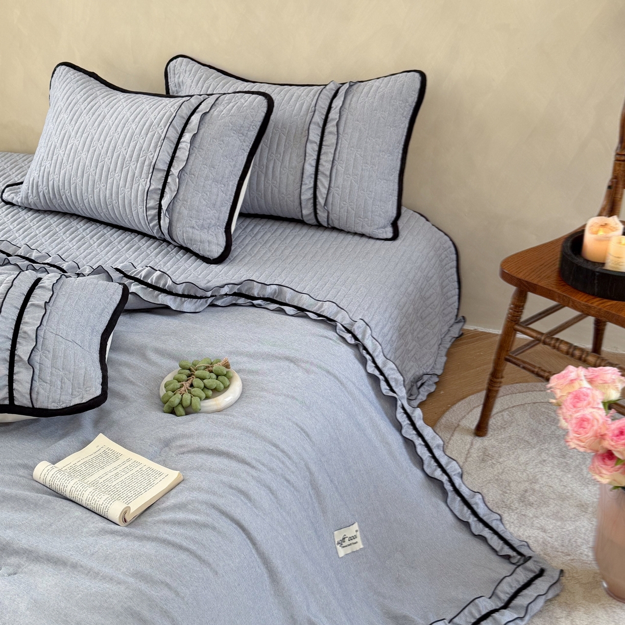 91家纺网 家纺一手货源 找家纺 寐居家纺 2026新款雨露麻夏被床盖四件套 雨露-慕斯蓝
