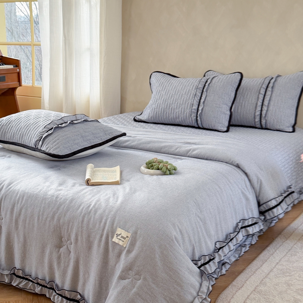 91家纺网 家纺一手货源 找家纺 寐居家纺 2026新款雨露麻夏被床盖四件套 雨露-慕斯蓝