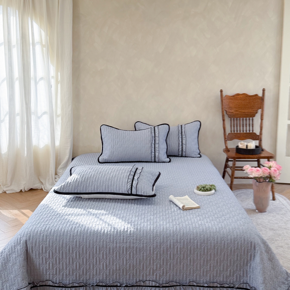 91家纺网 家纺一手货源 找家纺 寐居家纺 2026新款雨露麻夏被床盖四件套 雨露-慕斯蓝