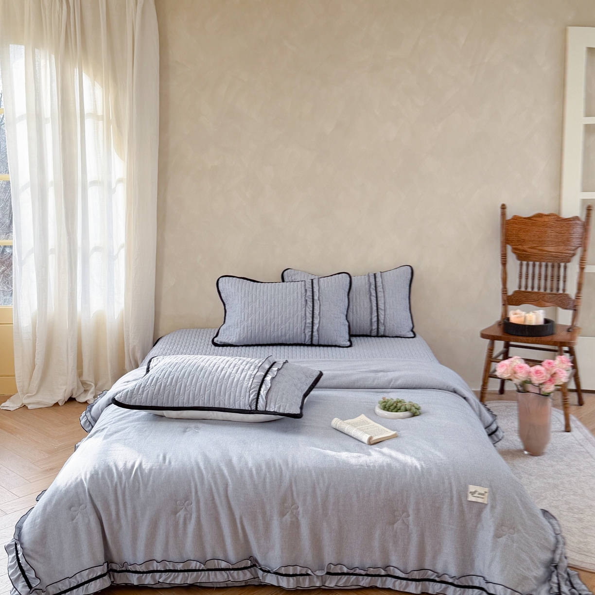 91家纺网 家纺一手货源 找家纺 寐居家纺 2026新款雨露麻夏被床盖四件套 雨露-慕斯蓝