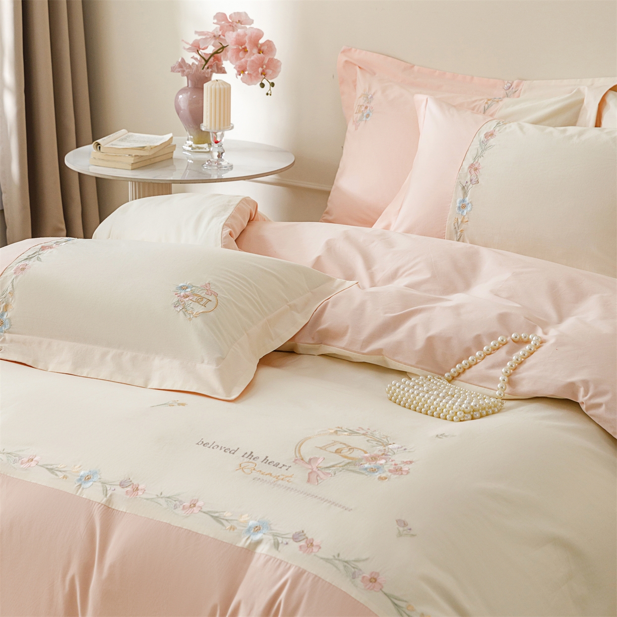 91家纺网 家纺一手货源 找家纺 艾莱家纺 2026春夏新款全棉纯棉水洗棉刺绣加厚四件套-希蕴 希蕴-淡奶油