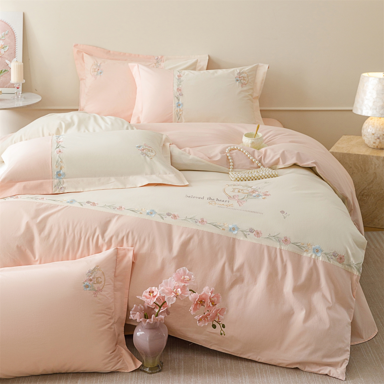 91家纺网 家纺一手货源 找家纺 艾莱家纺 2026春夏新款全棉纯棉水洗棉刺绣加厚四件套-希蕴 希蕴-淡奶油