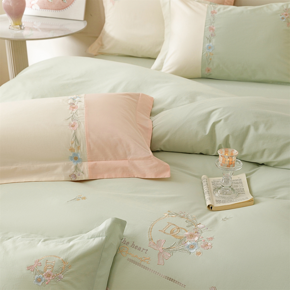 91家纺网 家纺一手货源 找家纺 艾莱家纺 2026春夏新款全棉纯棉水洗棉刺绣加厚四件套-希蕴 希蕴-螺旋藻绿