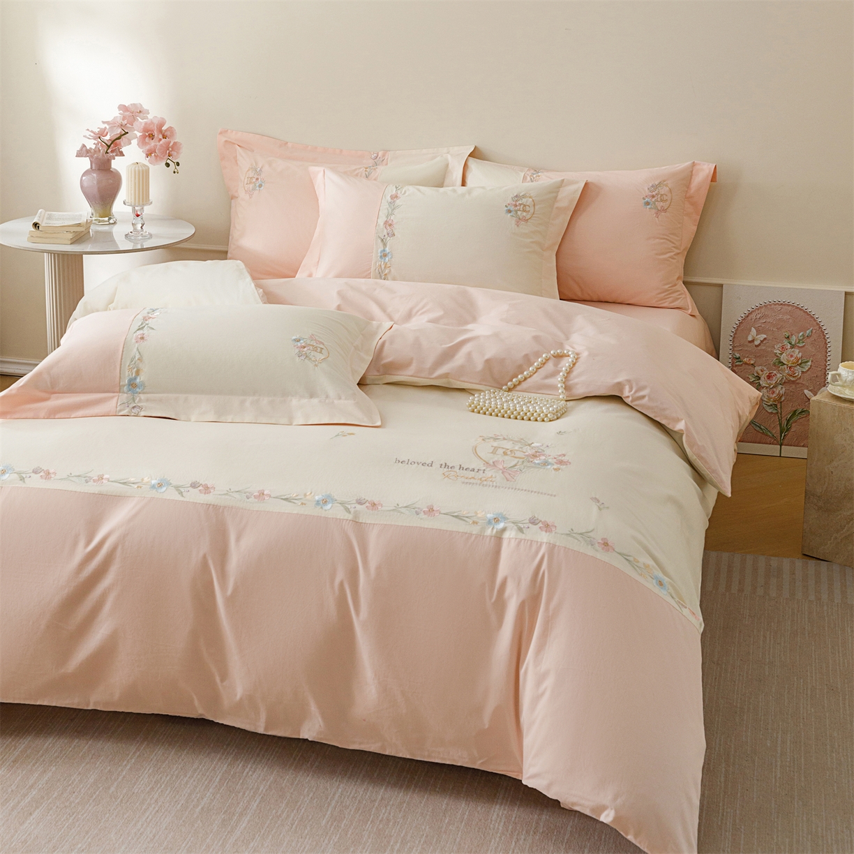 91家纺网 家纺一手货源 找家纺 艾莱家纺 2026春夏新款全棉纯棉水洗棉刺绣加厚四件套-希蕴 希蕴-淡奶油