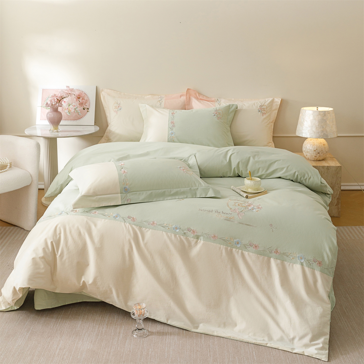 91家纺网 家纺一手货源 找家纺 艾莱家纺 2026春夏新款全棉纯棉水洗棉刺绣加厚四件套-希蕴 希蕴-螺旋藻绿