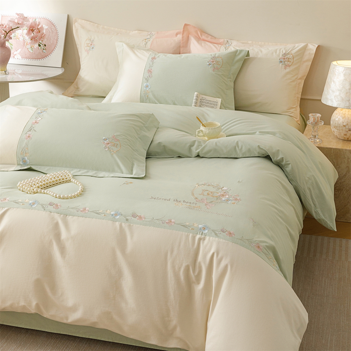 艾莱家纺 2026春夏新款全棉纯棉水洗棉刺绣加厚四件套-希蕴 希蕴-螺旋藻绿