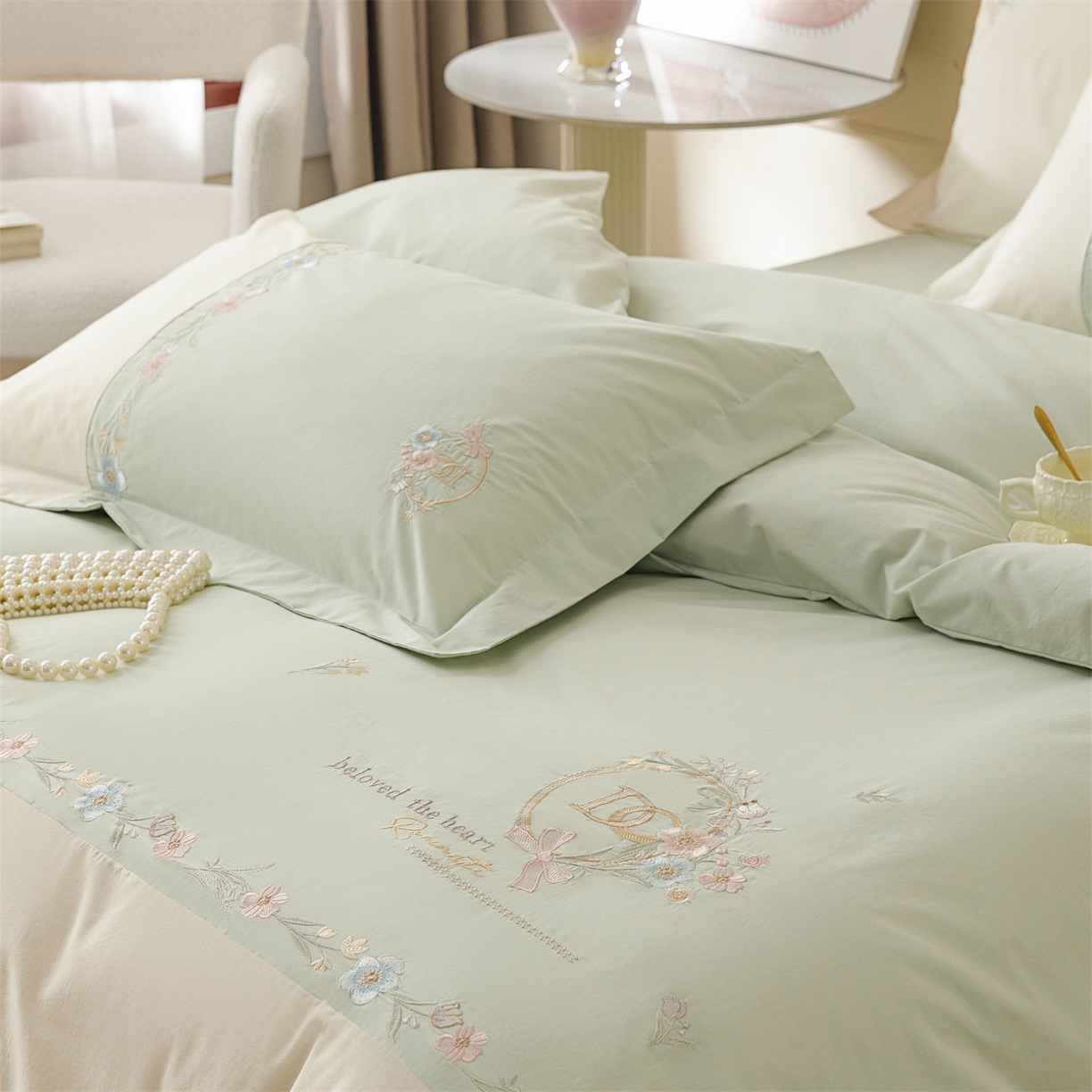 91家纺网 家纺一手货源 找家纺 艾莱家纺 2026春夏新款全棉纯棉水洗棉刺绣加厚四件套-希蕴 希蕴-螺旋藻绿