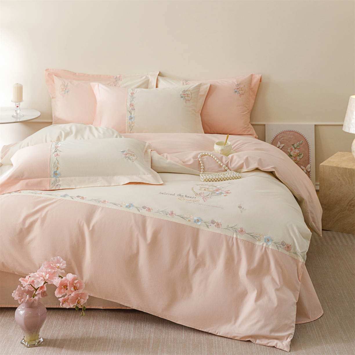 91家纺网 家纺一手货源 找家纺 艾莱家纺 2026春夏新款全棉纯棉水洗棉刺绣加厚四件套-希蕴 希蕴-淡奶油