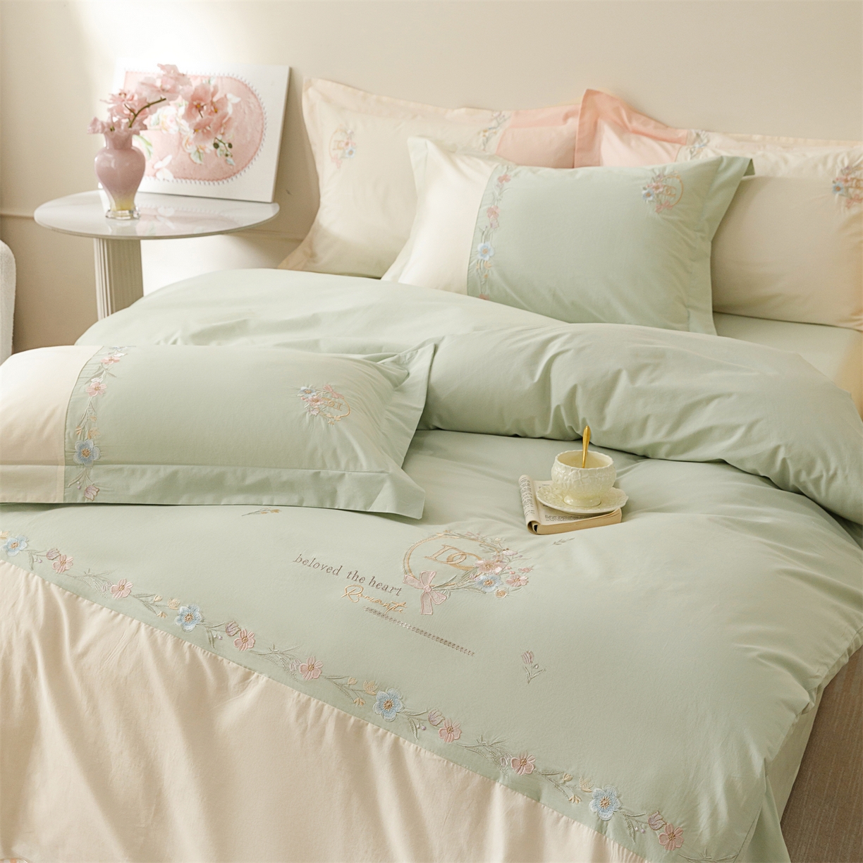 91家纺网 家纺一手货源 找家纺 艾莱家纺 2026春夏新款全棉纯棉水洗棉刺绣加厚四件套-希蕴 希蕴-螺旋藻绿