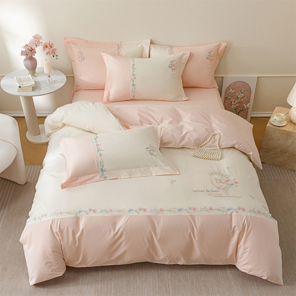 91家纺网 家纺一手货源 找家纺 艾莱家纺 2026春夏新款全棉纯棉水洗棉刺绣加厚四件套-希蕴 希蕴-淡奶油