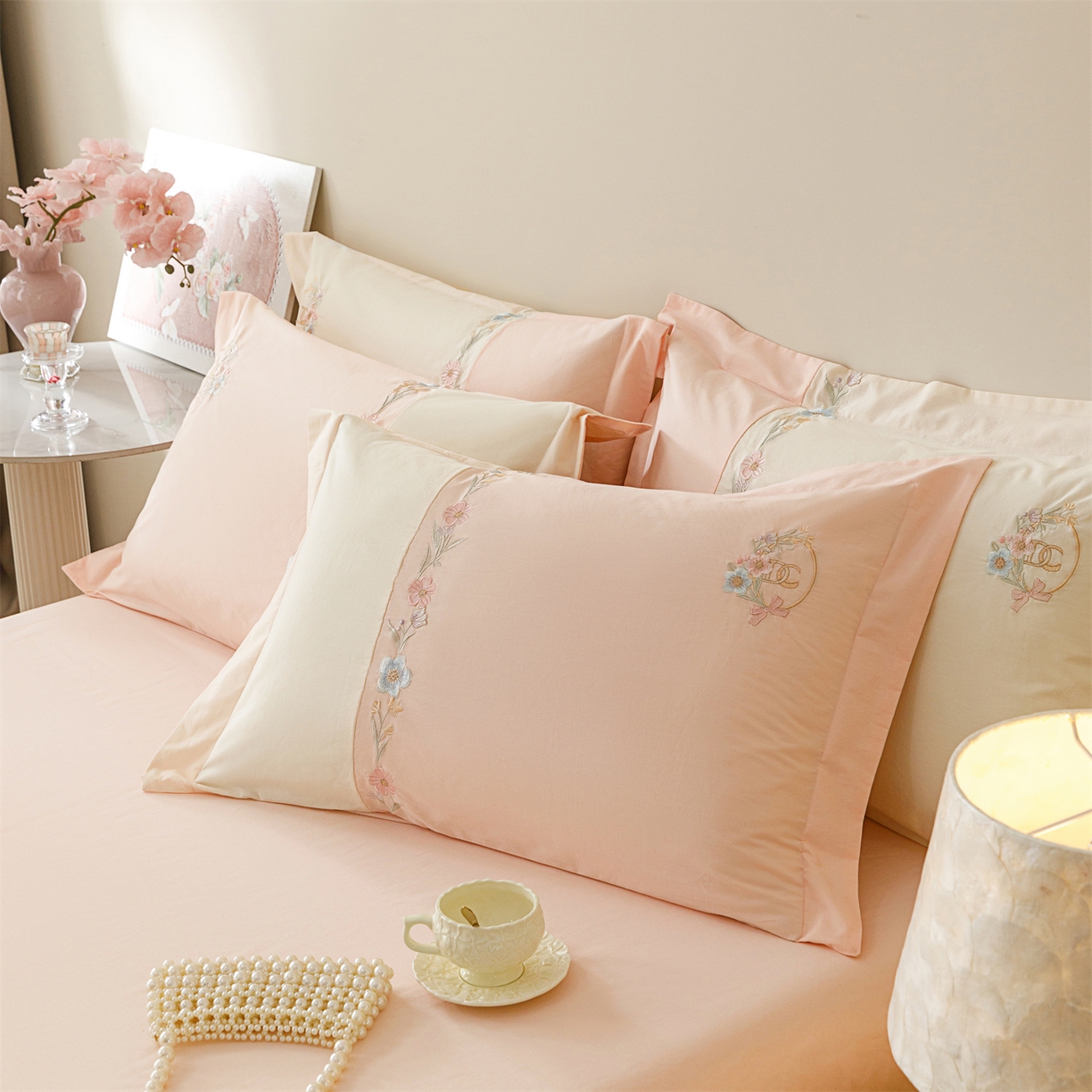 91家纺网 家纺一手货源 找家纺 艾莱家纺 2026春夏新款全棉纯棉水洗棉刺绣加厚四件套-希蕴 希蕴-淡紫粉