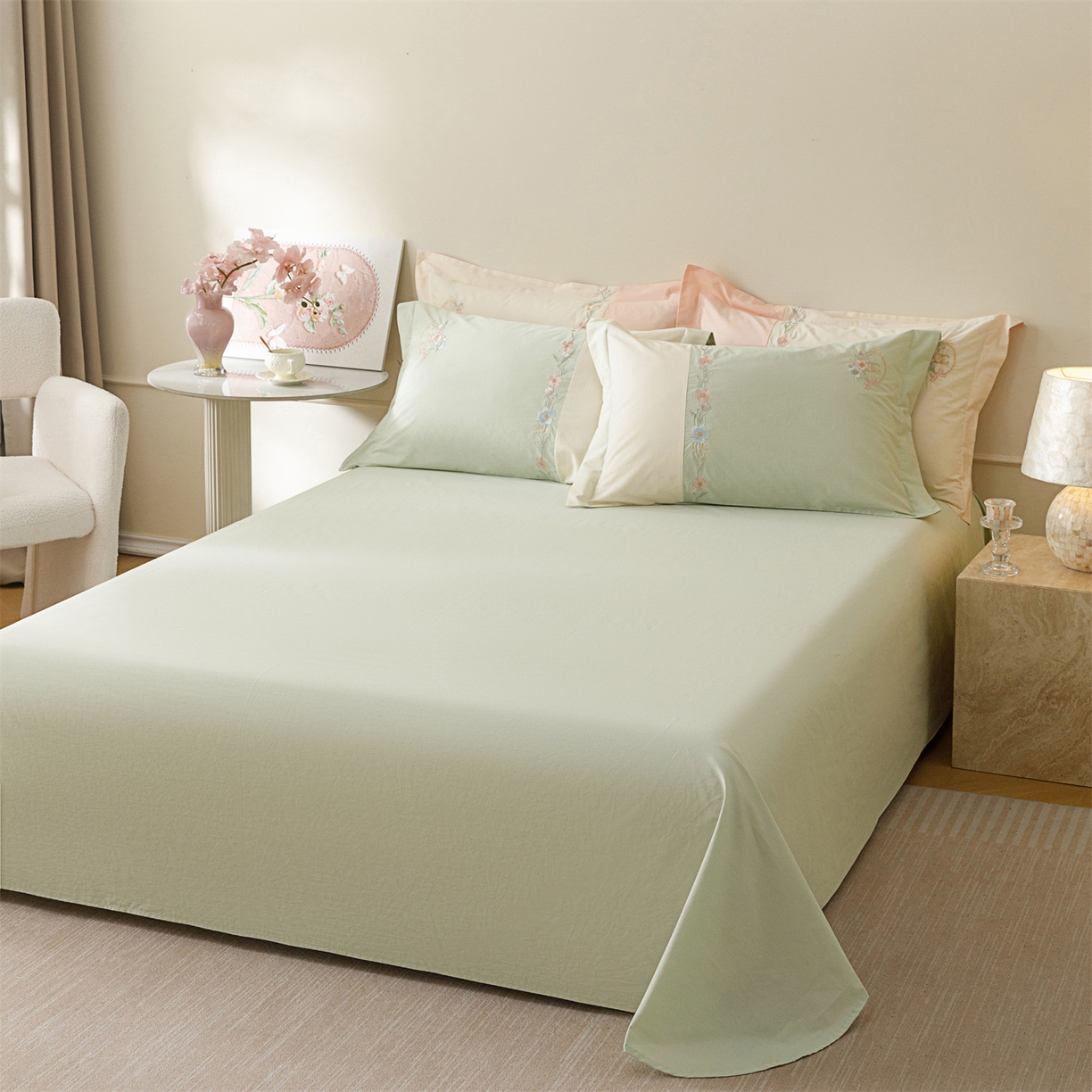 91家纺网 家纺一手货源 找家纺 艾莱家纺 2026春夏新款全棉纯棉水洗棉刺绣加厚四件套-希蕴 希蕴-螺旋藻绿