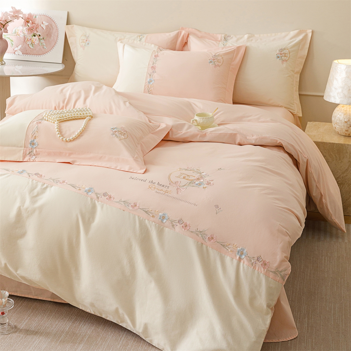 艾莱家纺 2026春夏新款全棉纯棉水洗棉刺绣加厚四件套-希蕴 希蕴-淡紫粉