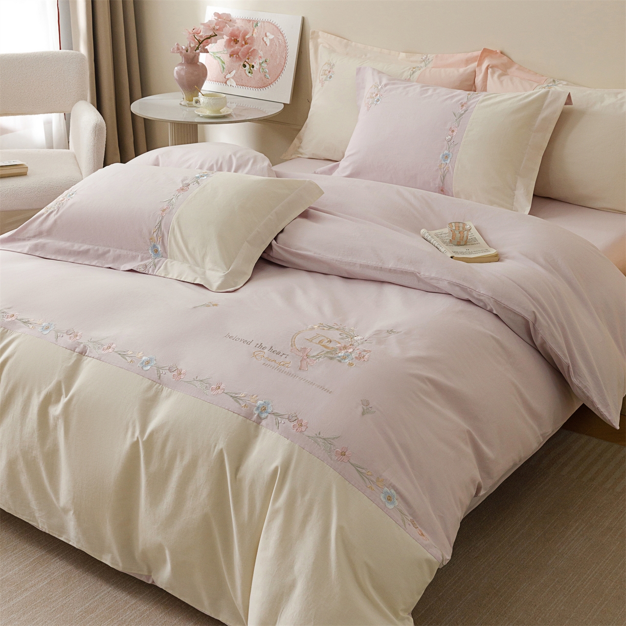 91家纺网 家纺一手货源 找家纺 艾莱家纺 2026春夏新款全棉纯棉水洗棉刺绣加厚四件套-希蕴 希蕴-微微紫