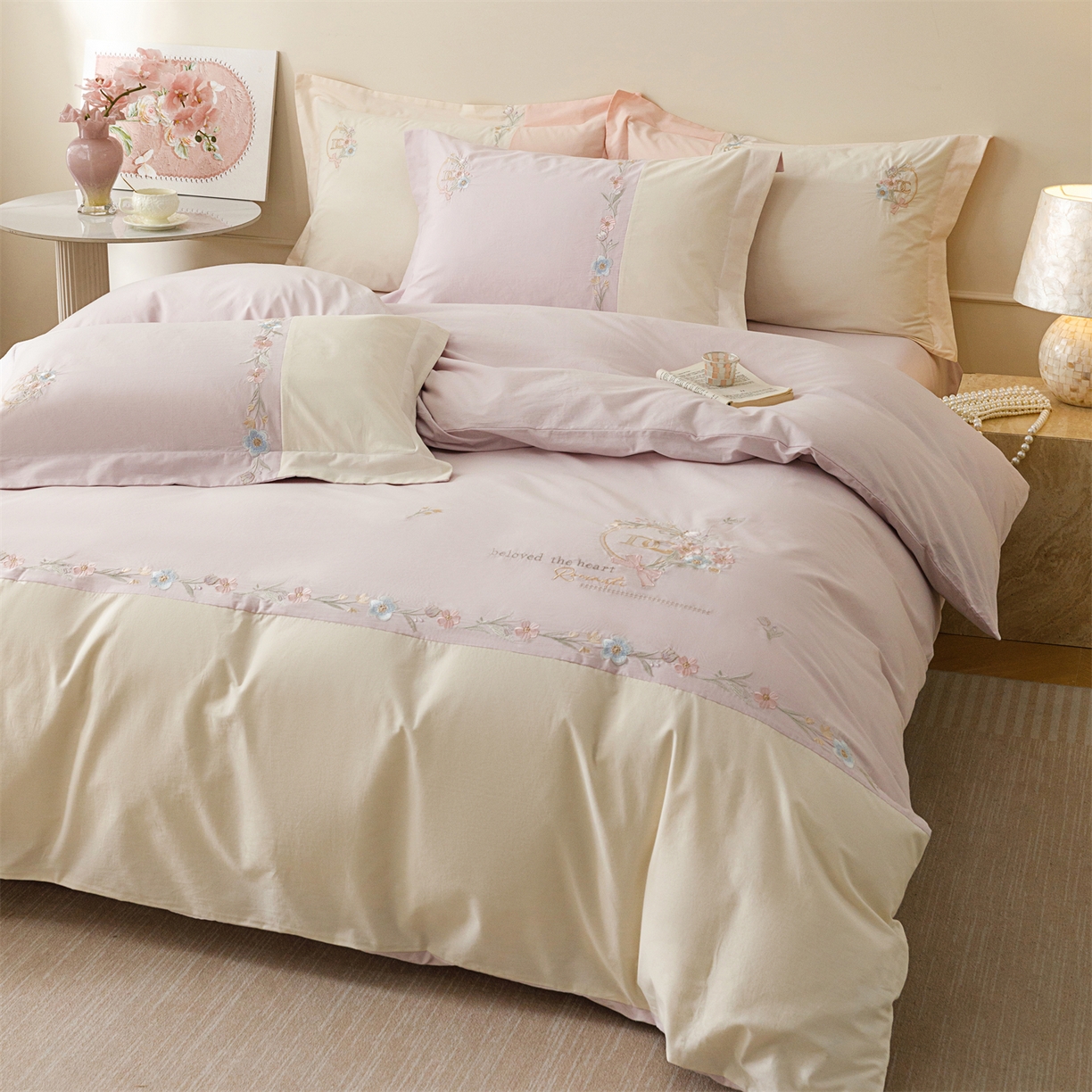 艾莱家纺 2026春夏新款全棉纯棉水洗棉刺绣加厚四件套-希蕴 希蕴-微微紫