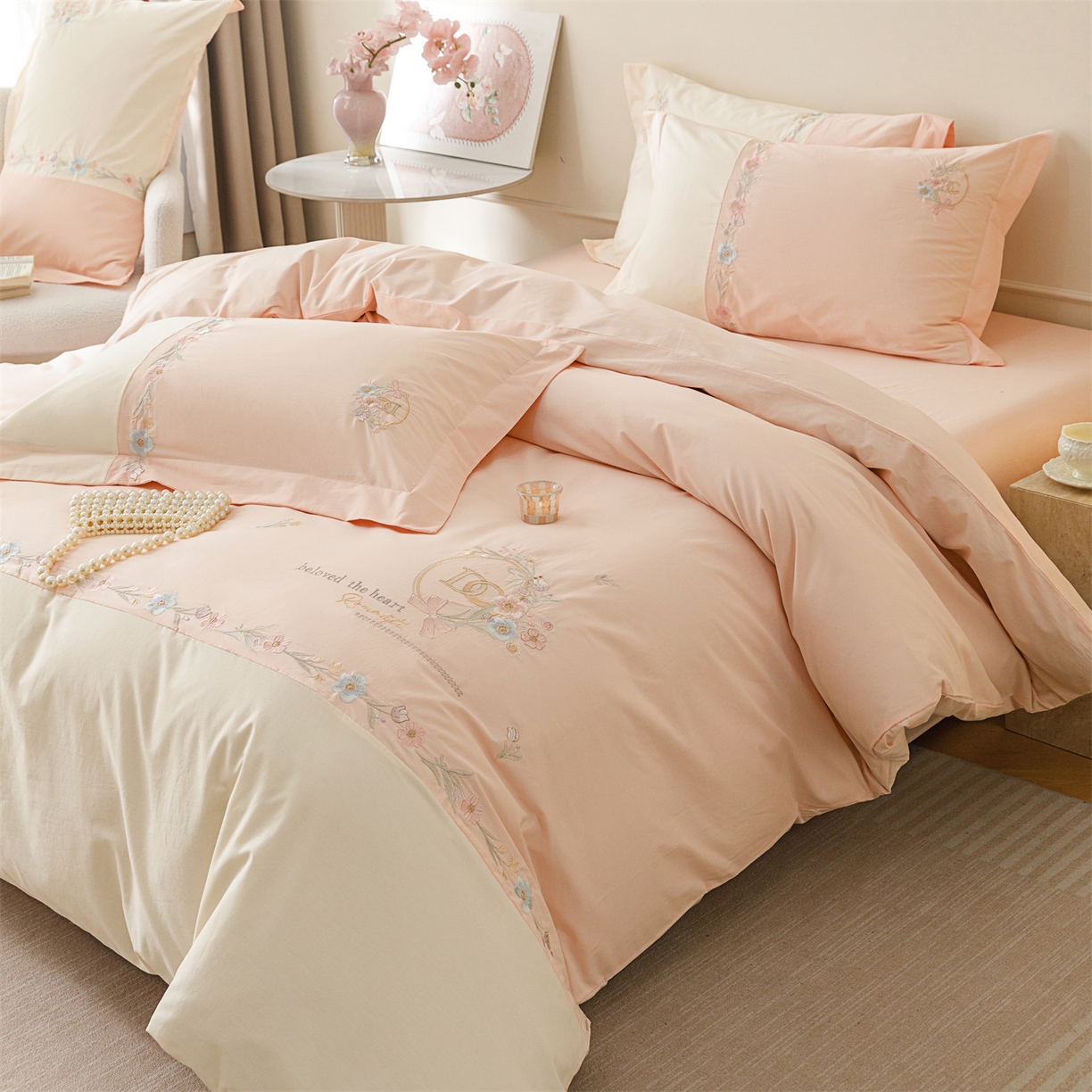 91家纺网 家纺一手货源 找家纺 艾莱家纺 2026春夏新款全棉纯棉水洗棉刺绣加厚四件套-希蕴 希蕴-淡紫粉