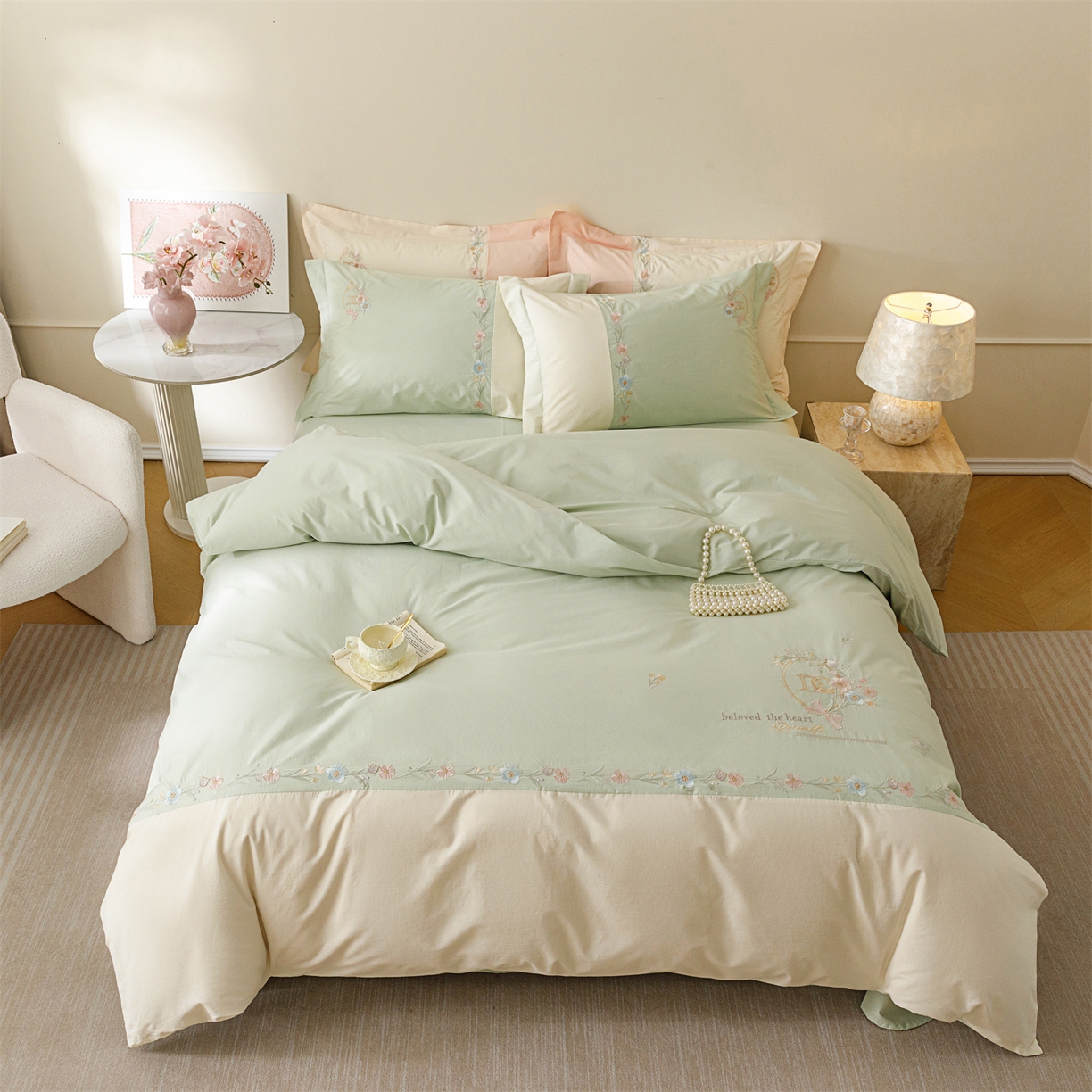 91家纺网 家纺一手货源 找家纺 艾莱家纺 2026春夏新款全棉纯棉水洗棉刺绣加厚四件套-希蕴 希蕴-螺旋藻绿