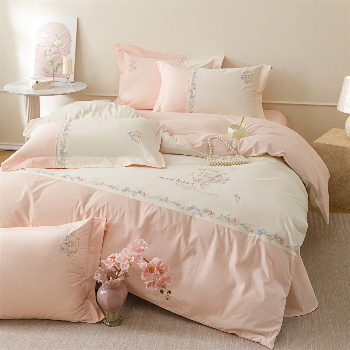 91家纺网 家纺一手货源 找家纺 艾莱家纺 2026春夏新款全棉纯棉水洗棉刺绣加厚四件套-希蕴 希蕴-淡奶油