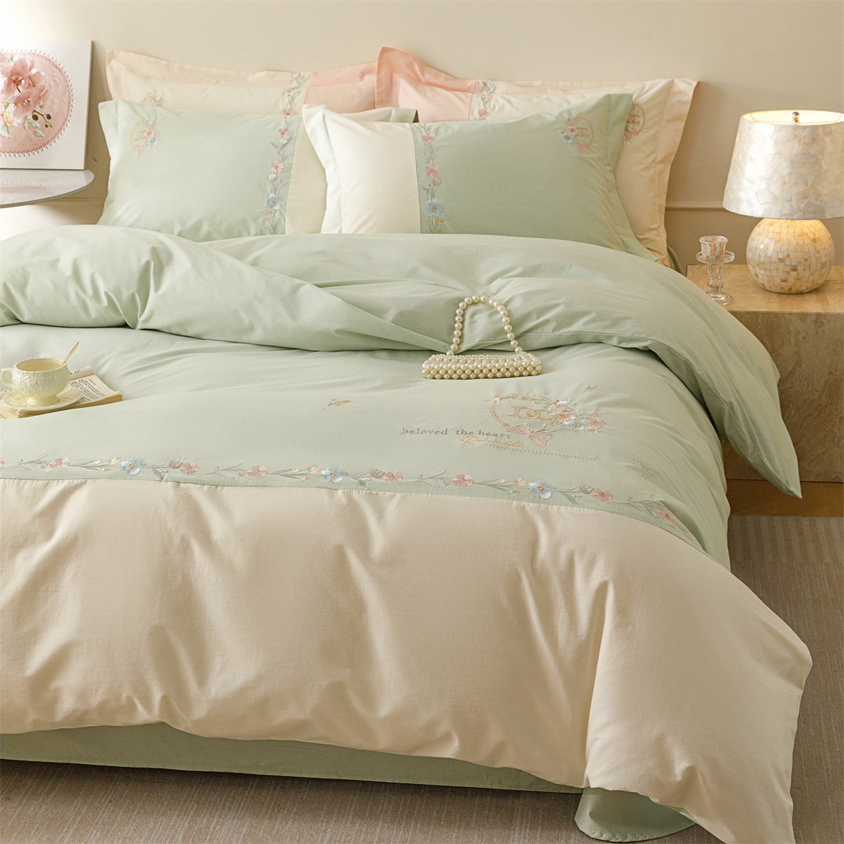 91家纺网 家纺一手货源 找家纺 艾莱家纺 2026春夏新款全棉纯棉水洗棉刺绣加厚四件套-希蕴 希蕴-螺旋藻绿