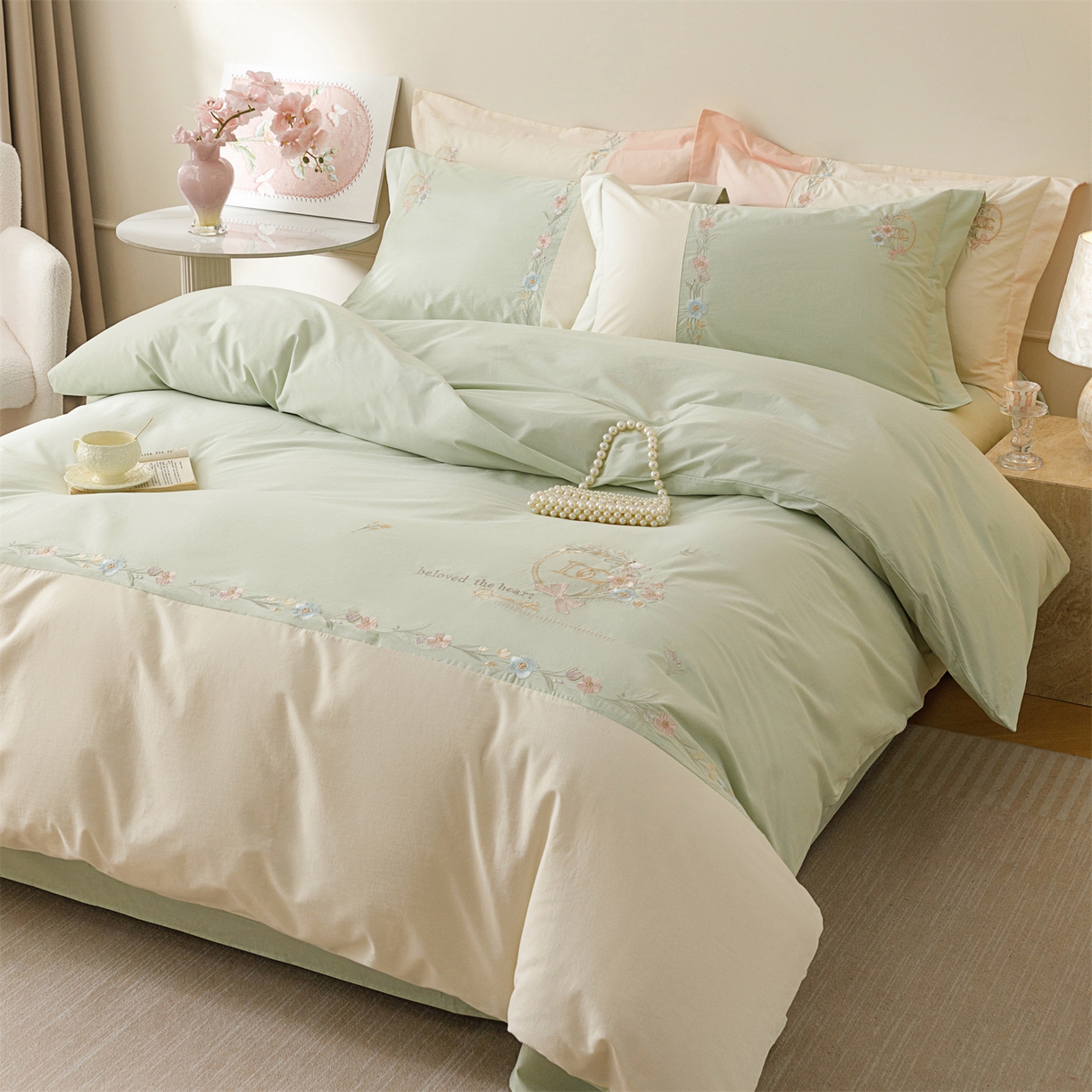 91家纺网 家纺一手货源 找家纺 艾莱家纺 2026春夏新款全棉纯棉水洗棉刺绣加厚四件套-希蕴 希蕴-螺旋藻绿