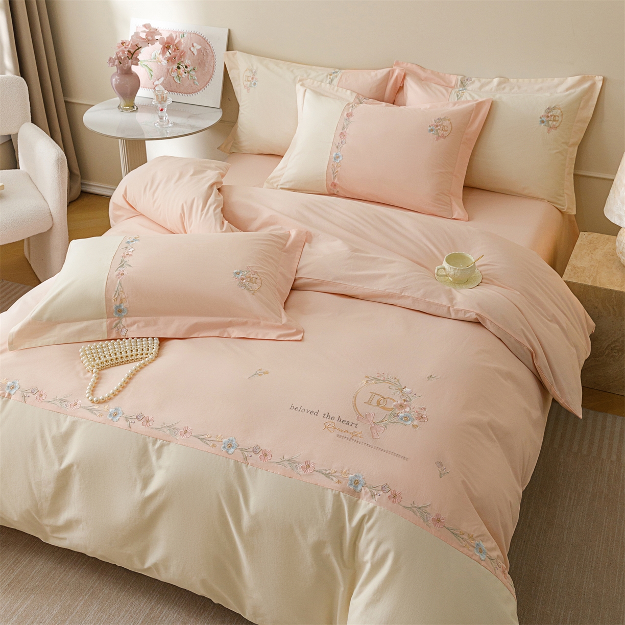 91家纺网 家纺一手货源 找家纺 艾莱家纺 2026春夏新款全棉纯棉水洗棉刺绣加厚四件套-希蕴 希蕴-淡紫粉