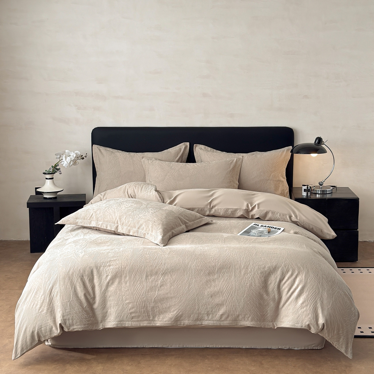 91家纺网 家纺一手货源 找家纺 慕尚家纺 2026新款A类60支长绒棉纯棉提花贡缎大提花光泽绸缎感四件套 费尔岛卡其