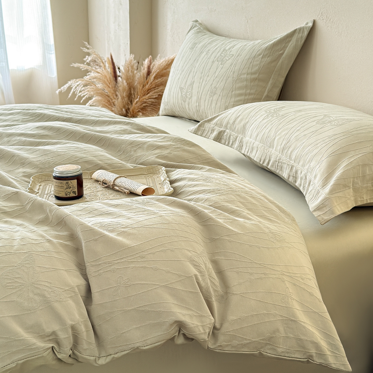 91家纺网 家纺一手货源 找家纺 慕尚家纺 2026新款A类60支长绒棉纯棉提花贡缎大提花光泽绸缎感四件套 线条蝴蝶绿