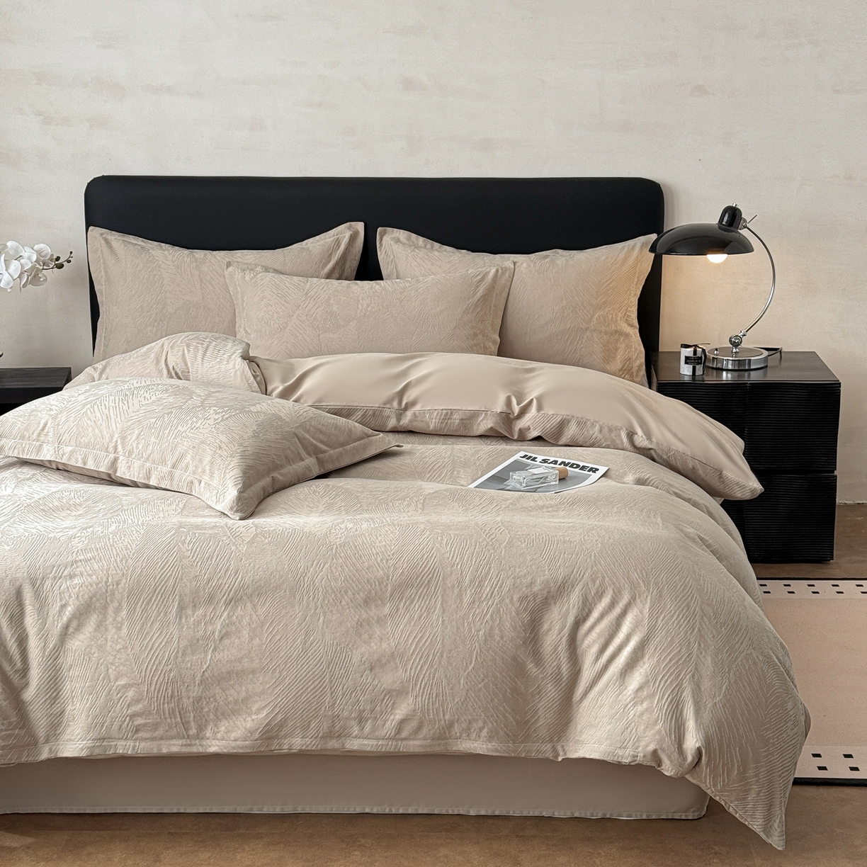 91家纺网 家纺一手货源 找家纺 慕尚家纺 2026新款A类60支长绒棉纯棉提花贡缎大提花光泽绸缎感四件套 费尔岛卡其