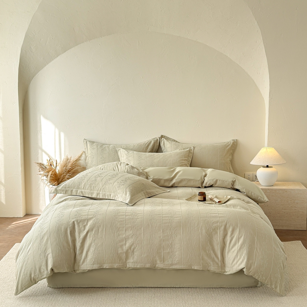 91家纺网 家纺一手货源 找家纺 慕尚家纺 2026新款A类60支长绒棉纯棉提花贡缎大提花光泽绸缎感四件套 花蔓绿