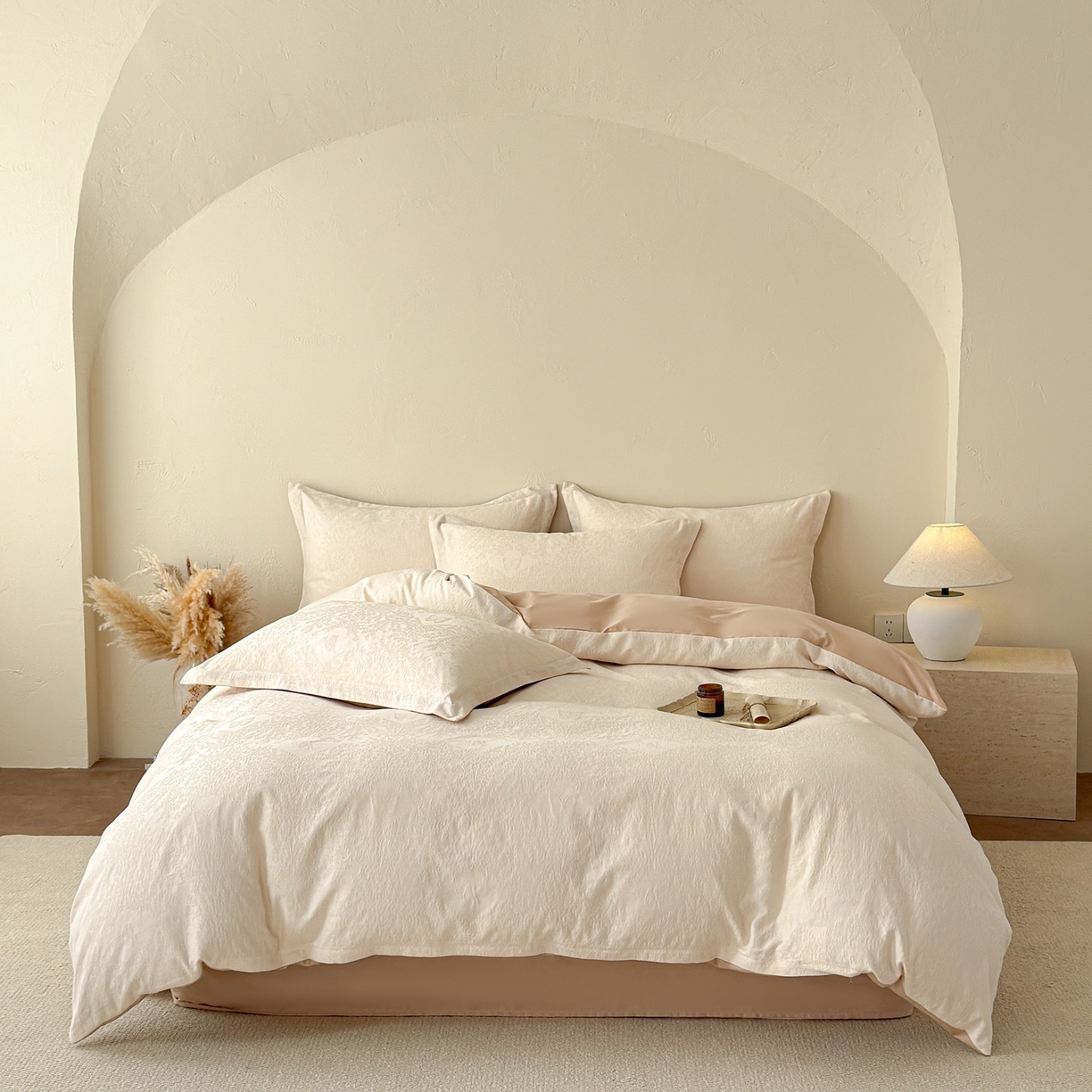 91家纺网 家纺一手货源 找家纺 慕尚家纺 2026新款A类60支长绒棉纯棉提花贡缎大提花光泽绸缎感四件套 麦穗蝴蝶米