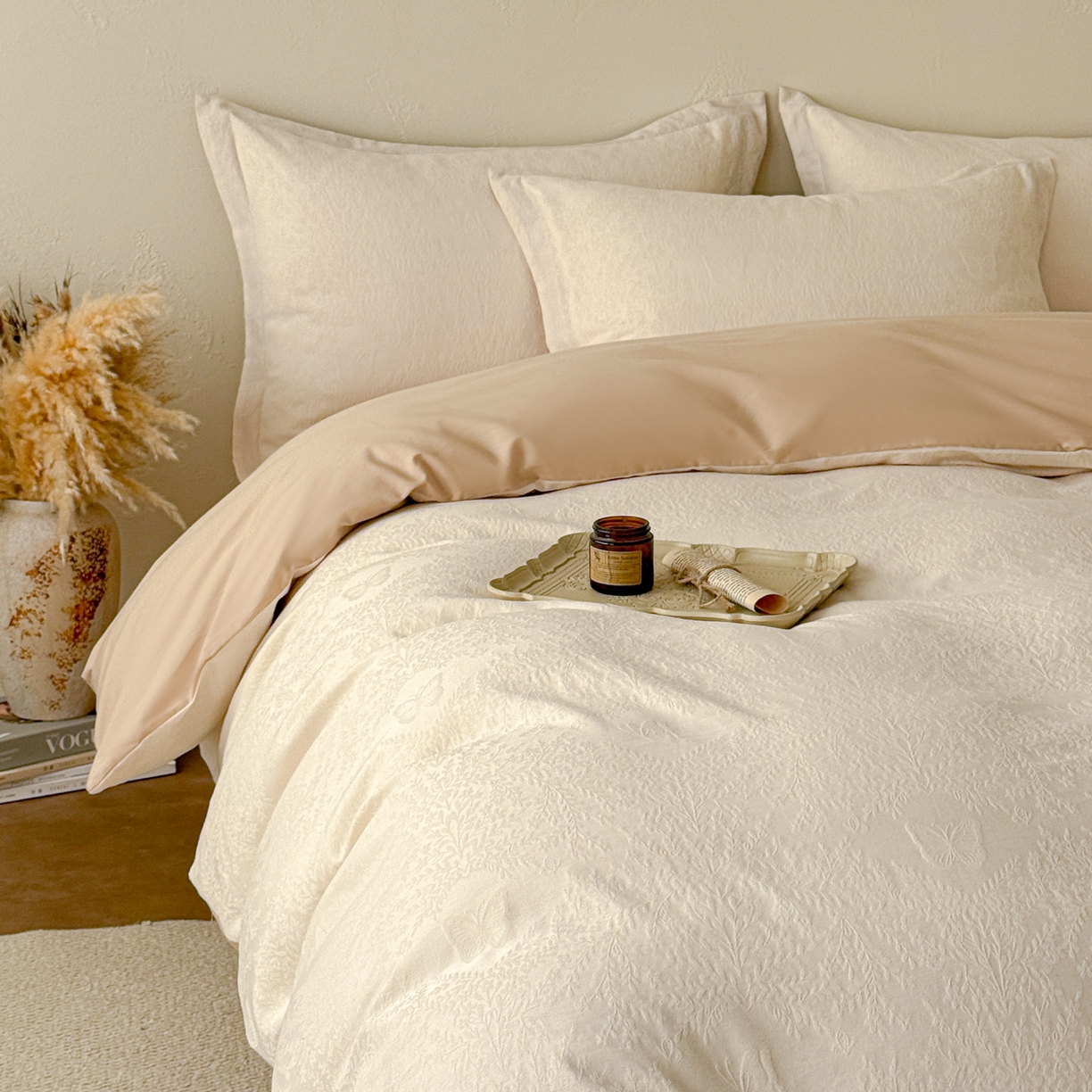 91家纺网 家纺一手货源 找家纺 慕尚家纺 2026新款A类60支长绒棉纯棉提花贡缎大提花光泽绸缎感四件套 麦穗蝴蝶米