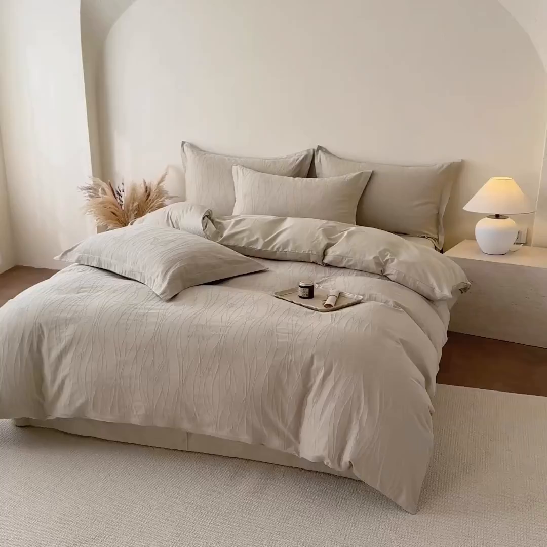 91家纺网 家纺一手货源 找家纺 慕尚家纺 2026新款A类60支长绒棉纯棉提花贡缎大提花光泽绸缎感四件套 线条蝴蝶绿