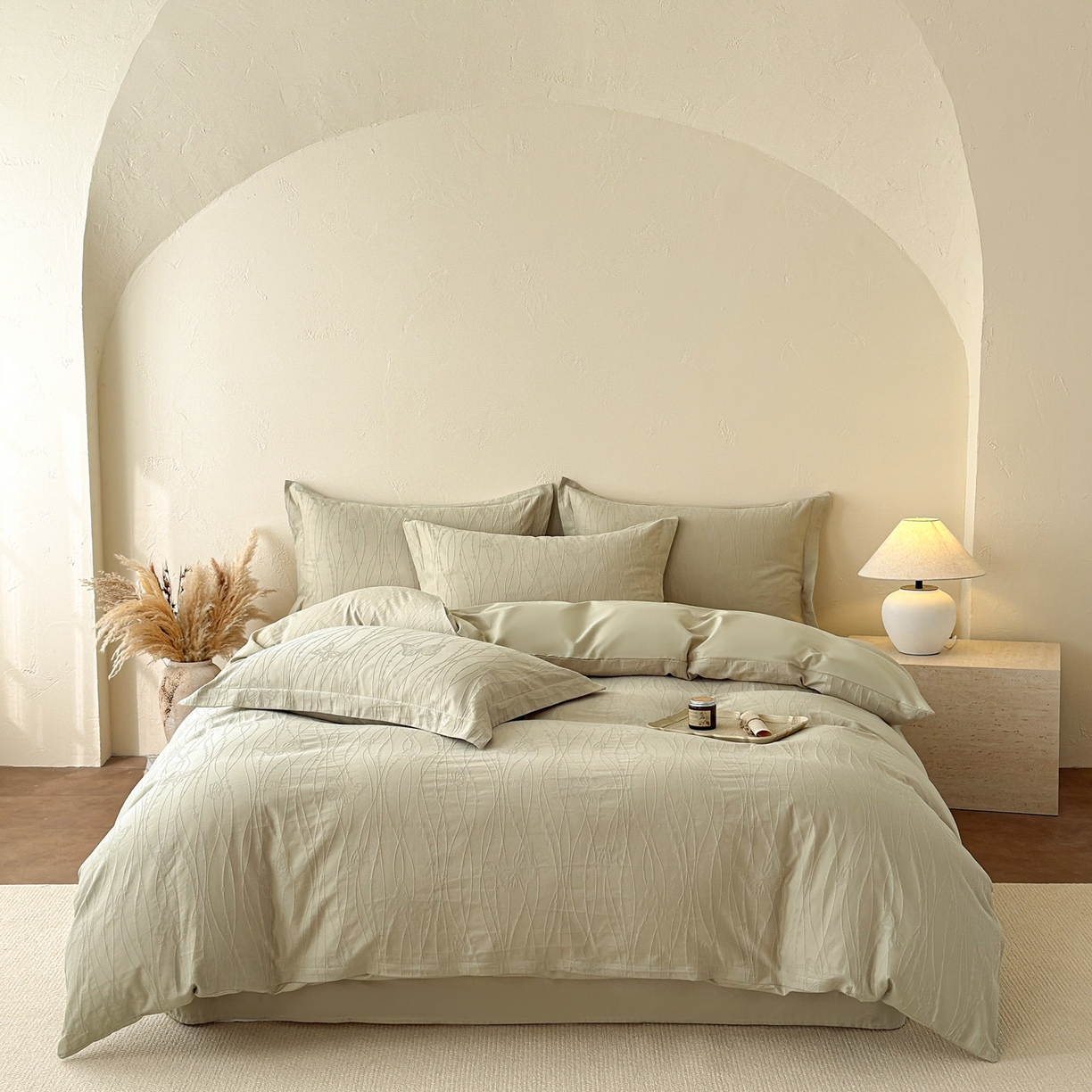 91家纺网 家纺一手货源 找家纺 慕尚家纺 2026新款A类60支长绒棉纯棉提花贡缎大提花光泽绸缎感四件套 线条蝴蝶绿