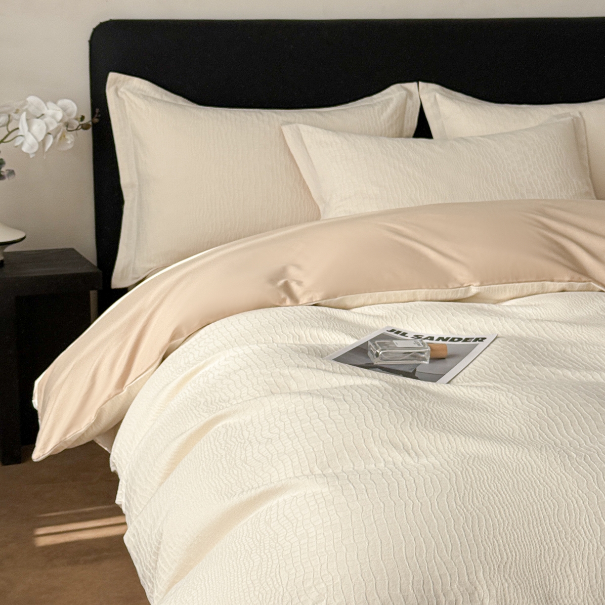 91家纺网 家纺一手货源 找家纺 慕尚家纺 2026新款A类60支长绒棉纯棉提花贡缎大提花光泽绸缎感四件套 布朗米