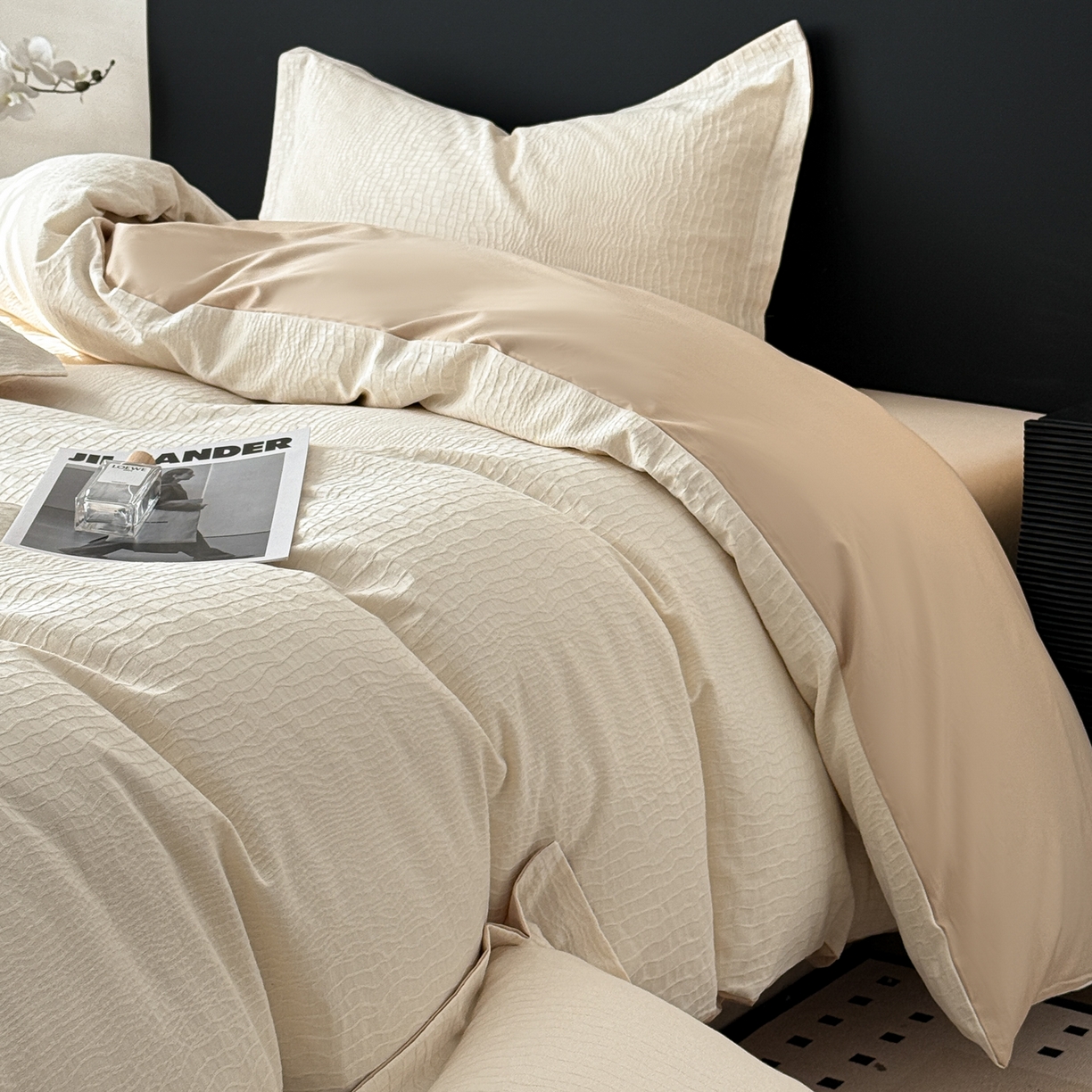 91家纺网 家纺一手货源 找家纺 慕尚家纺 2026新款A类60支长绒棉纯棉提花贡缎大提花光泽绸缎感四件套 布朗米