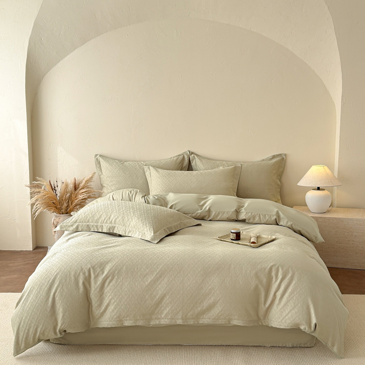 91家纺网 家纺一手货源 找家纺 慕尚家纺 2026新款A类60支长绒棉纯棉提花贡缎大提花光泽绸缎感四件套 陌上花开绿