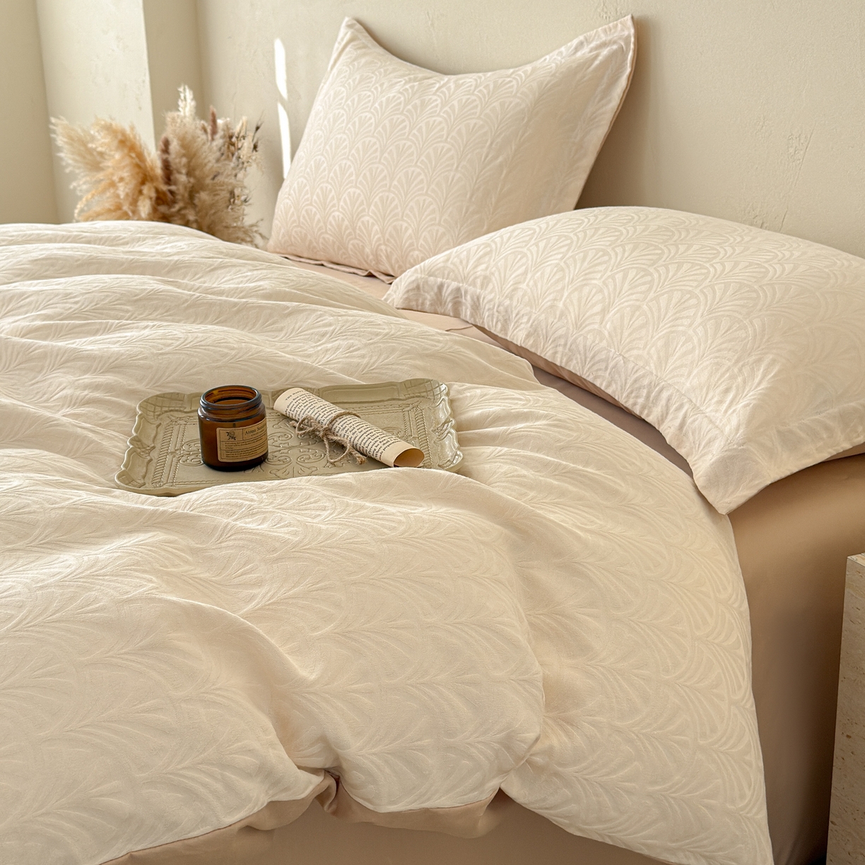 91家纺网 家纺一手货源 找家纺 慕尚家纺 2026新款A类60支长绒棉纯棉提花贡缎大提花光泽绸缎感四件套 扇形米