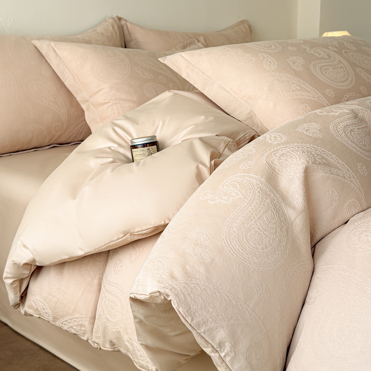 慕尚家纺 2026新款A类60支长绒棉纯棉提花贡缎大提花光泽绸缎感四件套 欧拉米黄