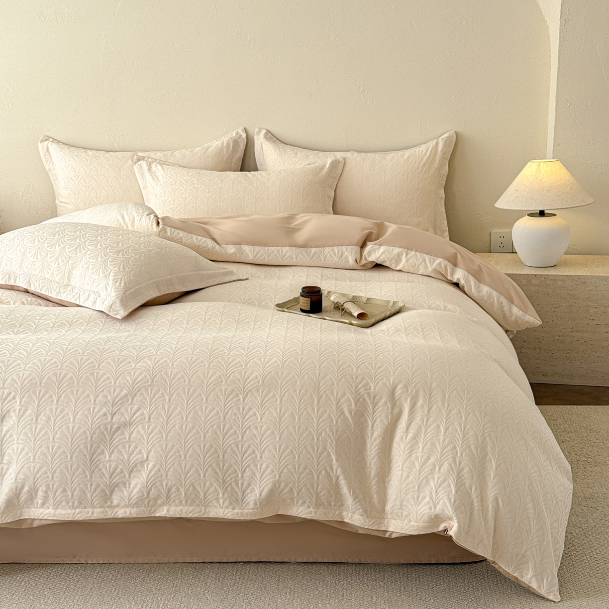 91家纺网 家纺一手货源 找家纺 慕尚家纺 2026新款A类60支长绒棉纯棉提花贡缎大提花光泽绸缎感四件套 扇形米