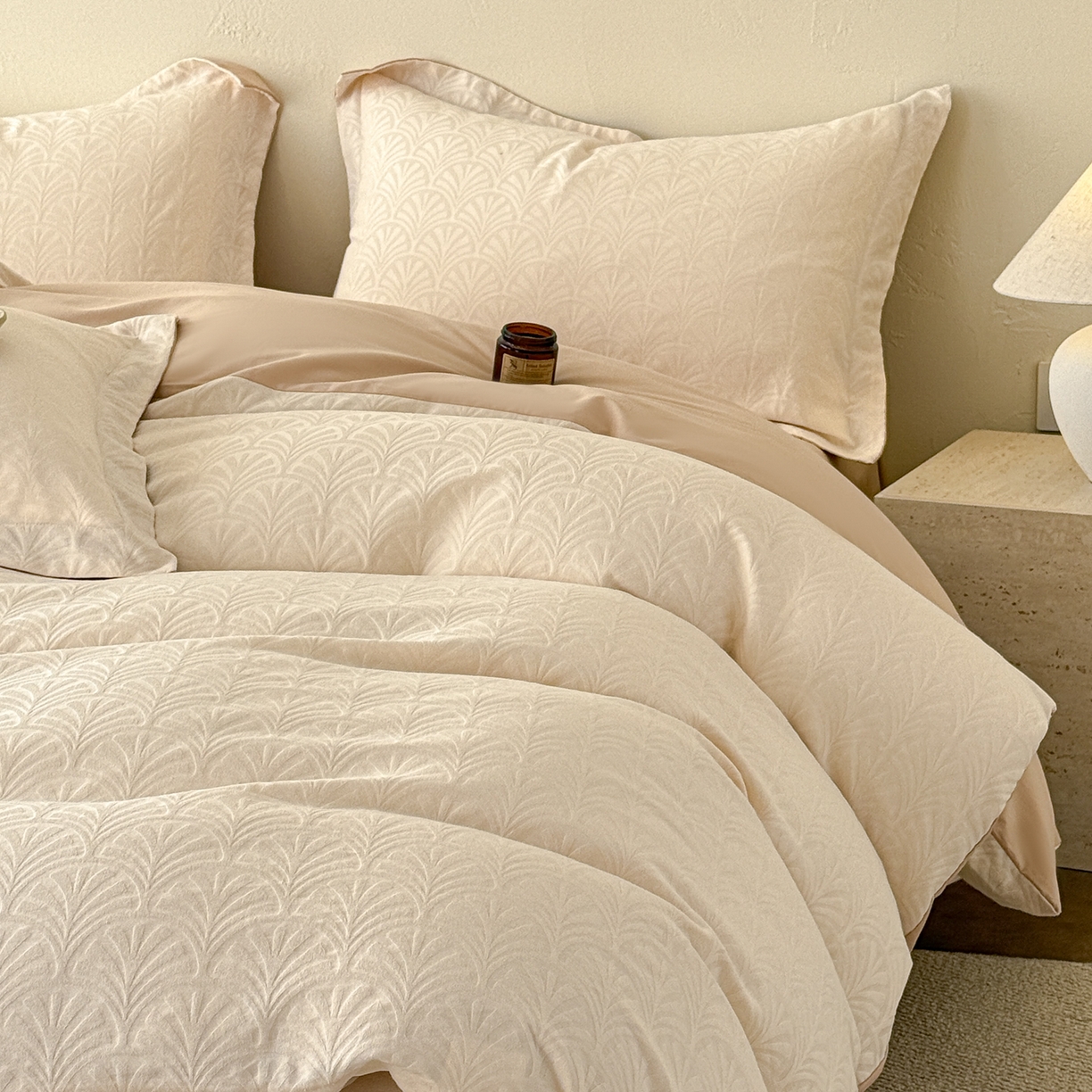 91家纺网 家纺一手货源 找家纺 慕尚家纺 2026新款A类60支长绒棉纯棉提花贡缎大提花光泽绸缎感四件套 扇形米