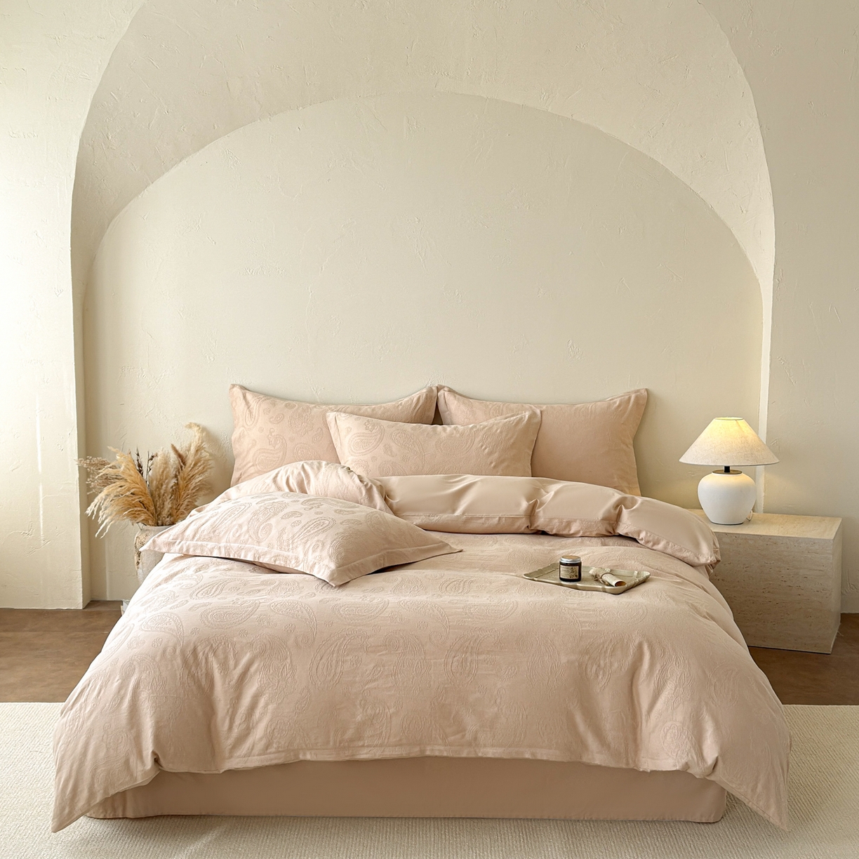 91家纺网 家纺一手货源 找家纺 慕尚家纺 2026新款A类60支长绒棉纯棉提花贡缎大提花光泽绸缎感四件套 欧拉米黄