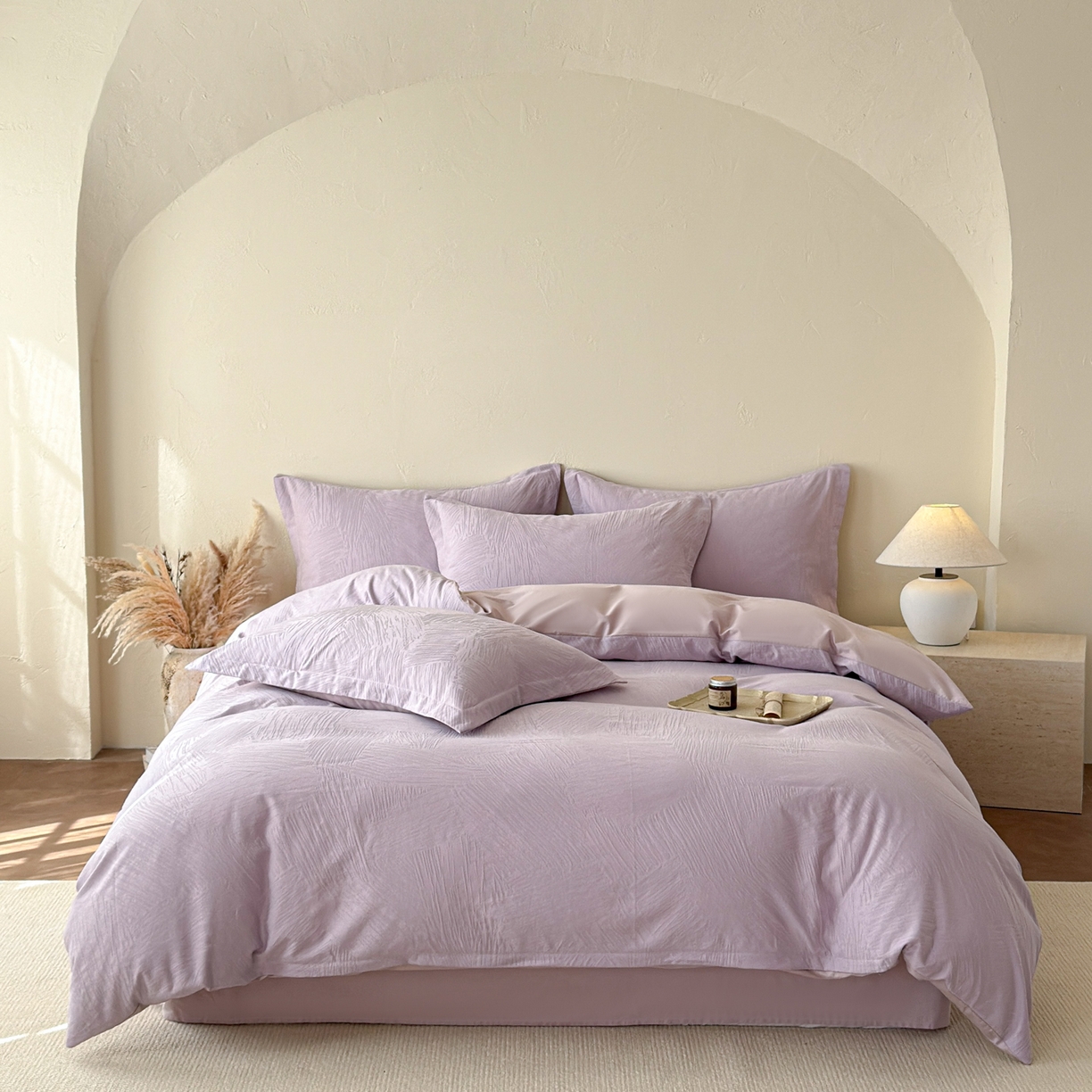 91家纺网 家纺一手货源 找家纺 慕尚家纺 2026新款A类60支长绒棉纯棉提花贡缎大提花光泽绸缎感四件套 雅意紫